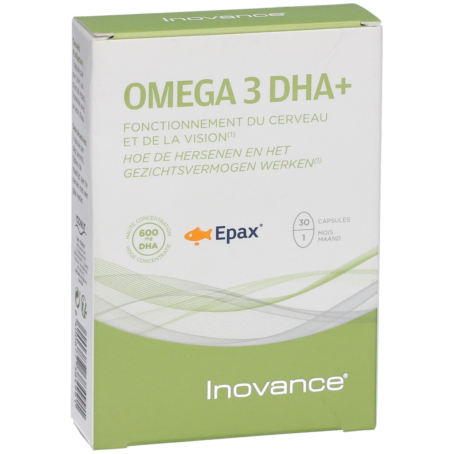Boîte INOVANCE® Omega 3 DHA+. Inscription Omega 3 DHA+, 30 capsules. Emballage vert et blanc.
