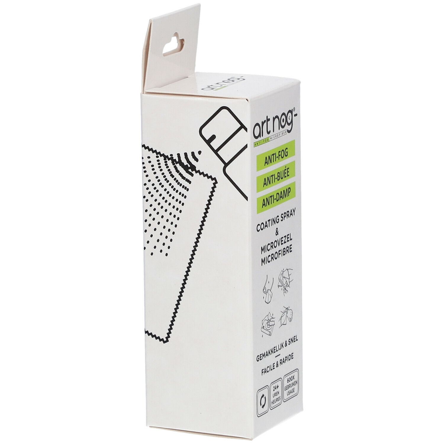 Verpackung mit Produktnamen und Produktmerkmalen. Text in Grün: Anti-Fog, Anti-Beschlag, Anti-Dampf. Illustration einer Sprühflasche.