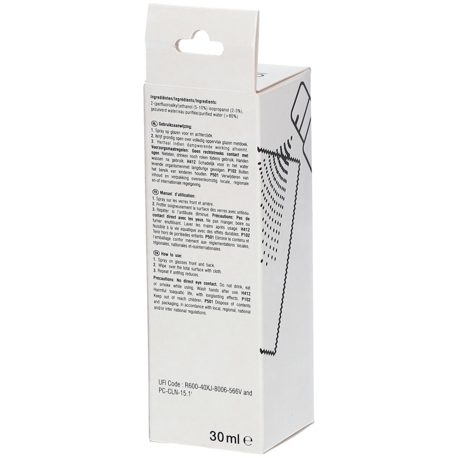 Rückseite der Verpackung mit Produktinformationen. Enthält Inhaltsstoffe, Anwendungshinweise und Warnhinweise. 30ml.
