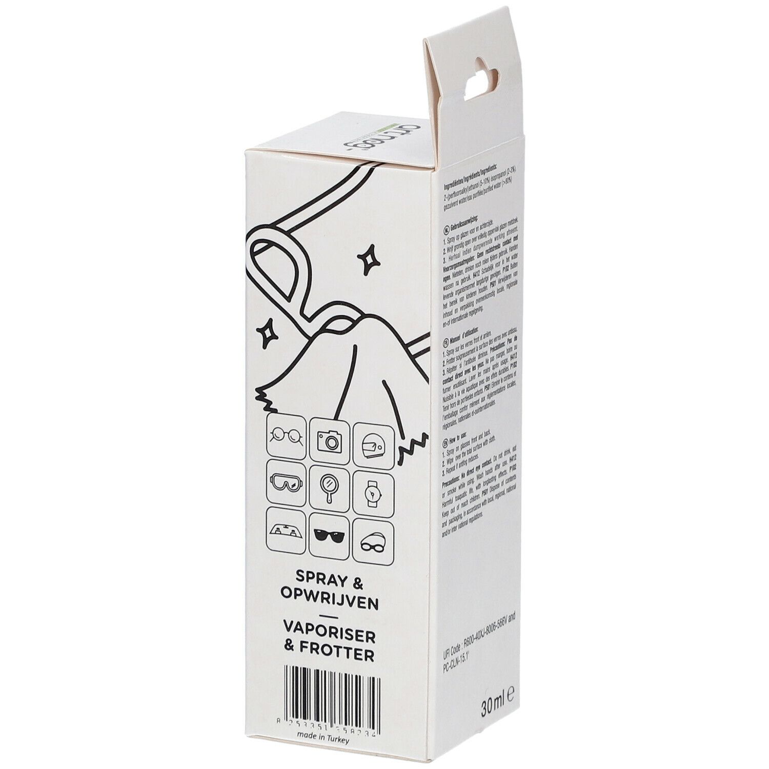 Rückseite der Verpackung mit Produktinformationen. Enthält Illustrationen und Text. 30ml.