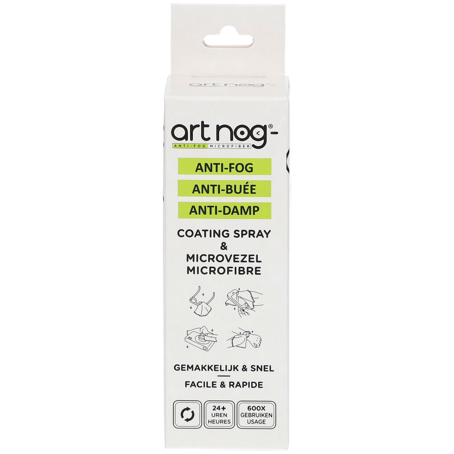 Verpackung mit Produktnamen und Produktmerkmalen. Text in Grün: Anti-Fog, Anti-Beschlag, Anti-Dampf. Enthält Mikrofasertuch.