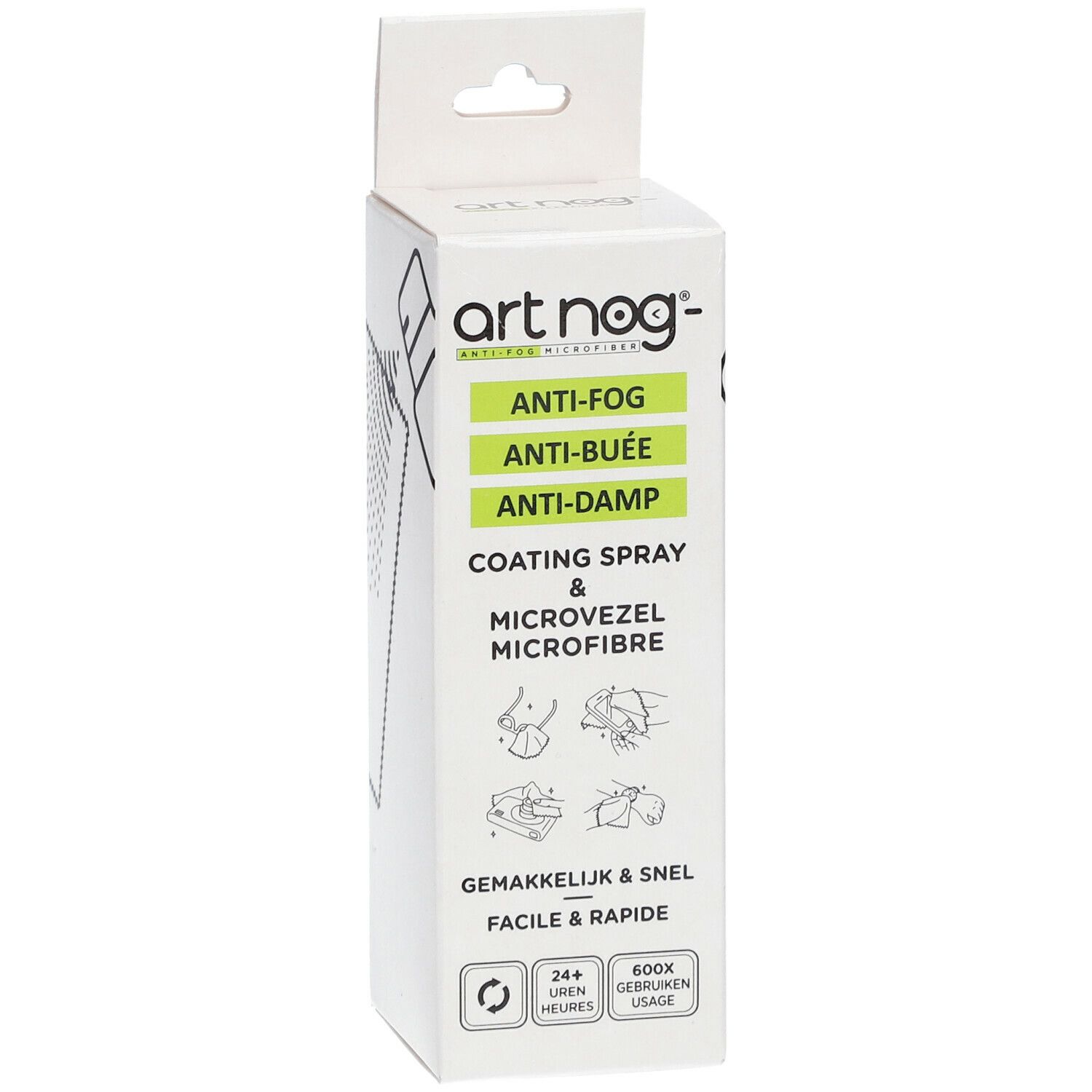 Verpackung mit Produktnamen und Produktmerkmalen. Text in Grün: Anti-Fog, Anti-Beschlag, Anti-Dampf. Illustration einer Sprühflasche.