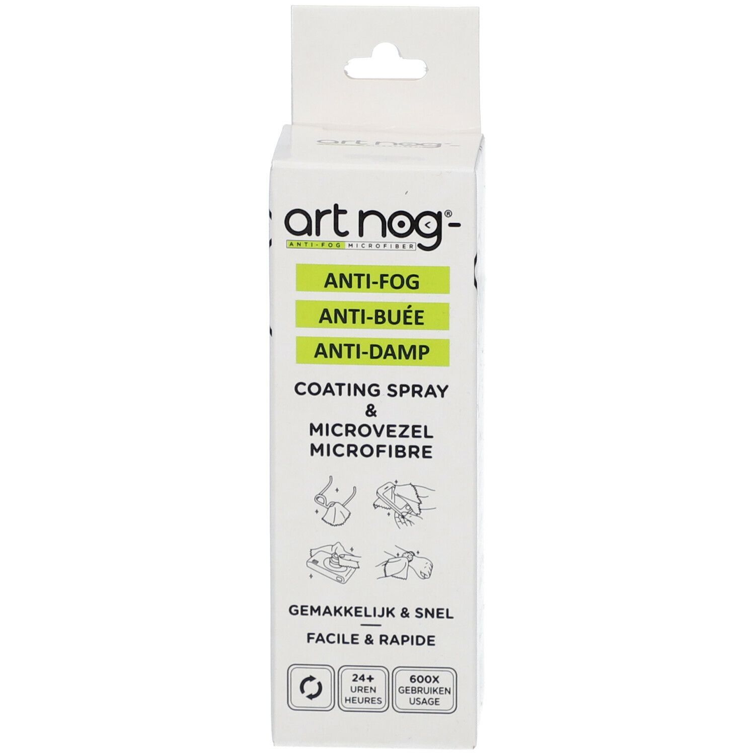 Verpackung mit Produktnamen und Produktmerkmalen. Text in Grün: Anti-Fog, Anti-Beschlag, Anti-Dampf. Enthält Mikrofasertuch.
