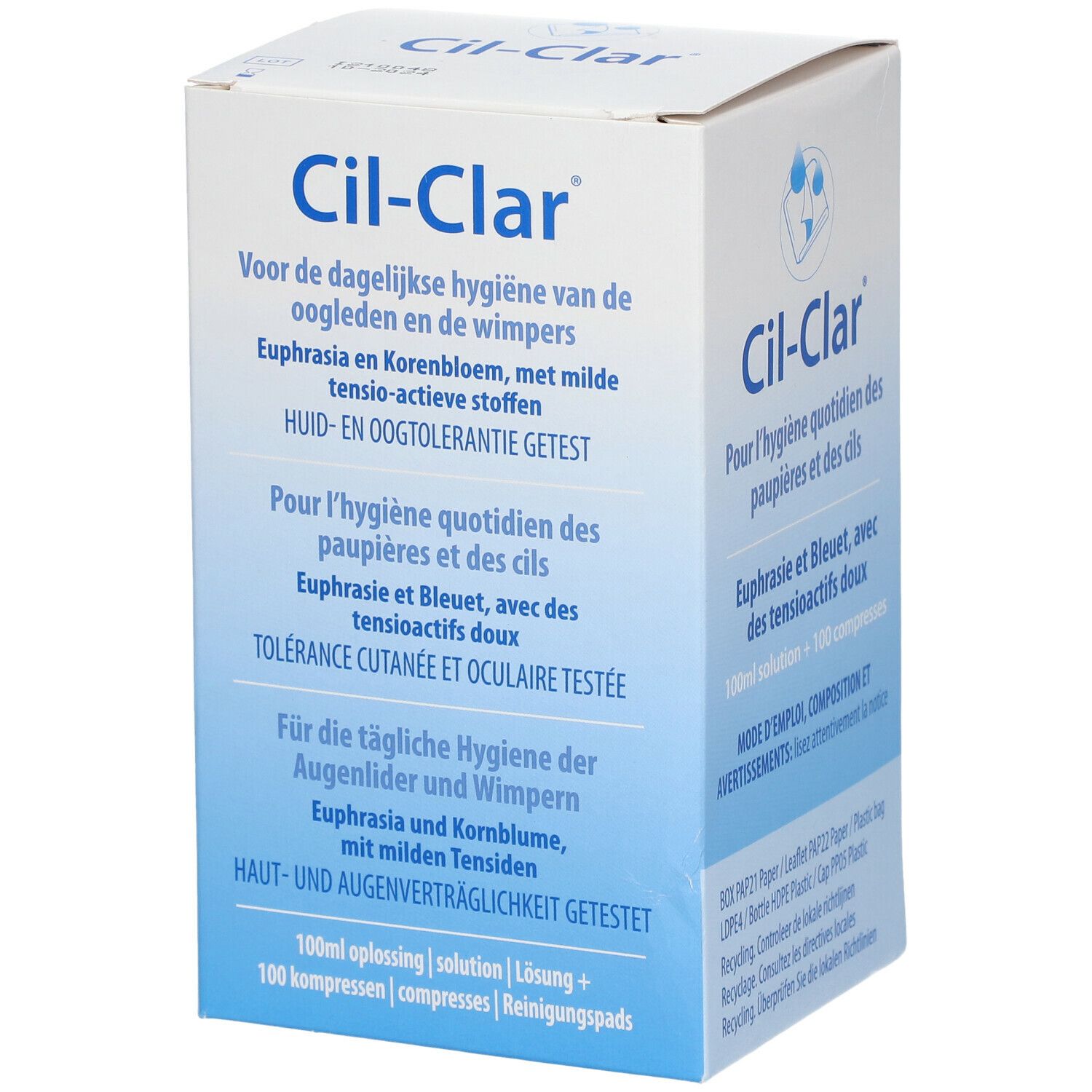 Boîte blanche Cil-Clar avec texte en allemand, néerlandais et français. Contient 100 ml de solution et 100 compresses.