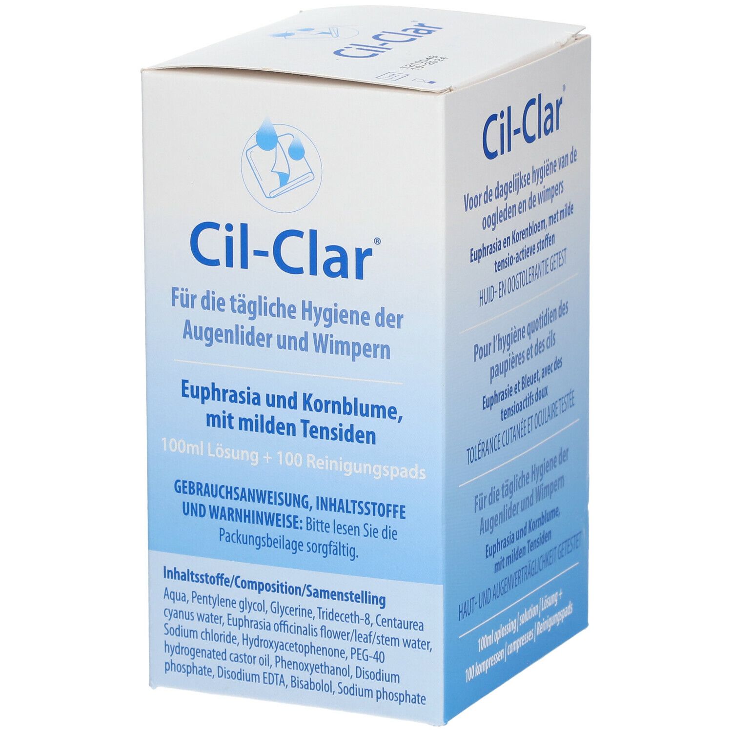 Boîte blanche Cil-Clar avec texte en allemand, néerlandais et français. Contient 100 ml de solution et 100 compresses.