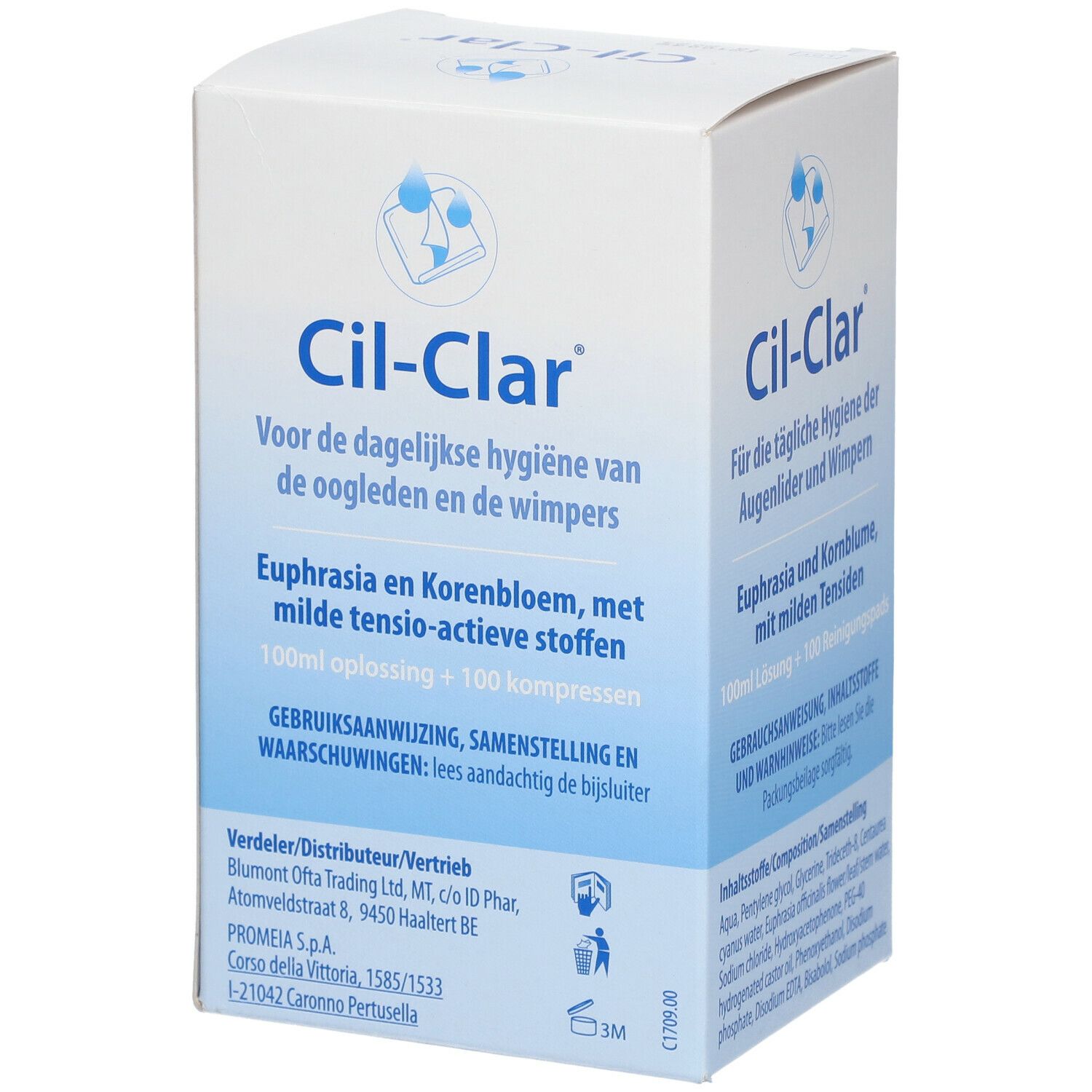 Boîte blanche Cil-Clar avec texte en allemand, néerlandais et français. Contient 100 ml de solution et 100 compresses.