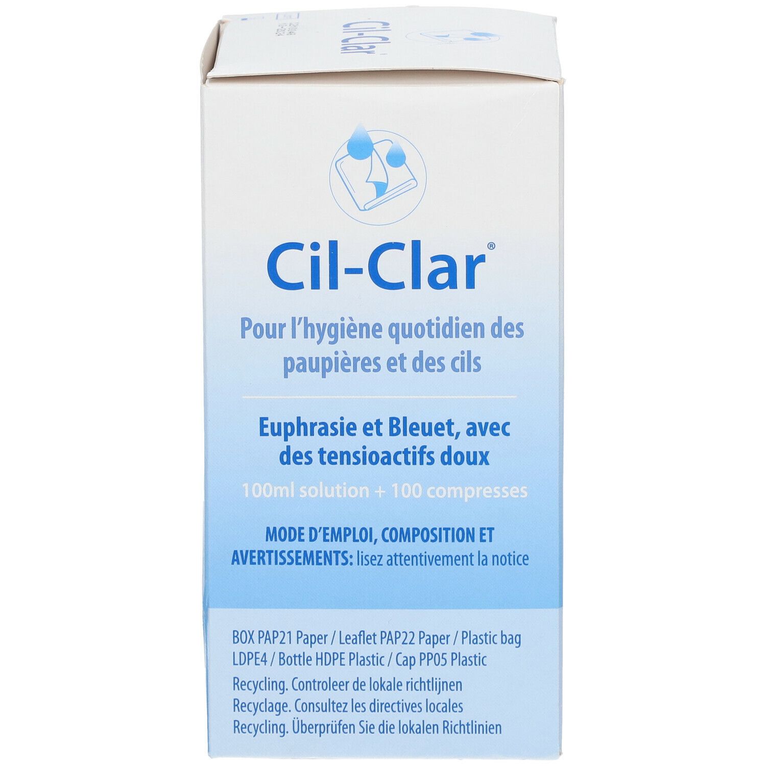 Boîte blanche Cil-Clar avec texte en français. Contient 100 ml de solution et 100 compresses.