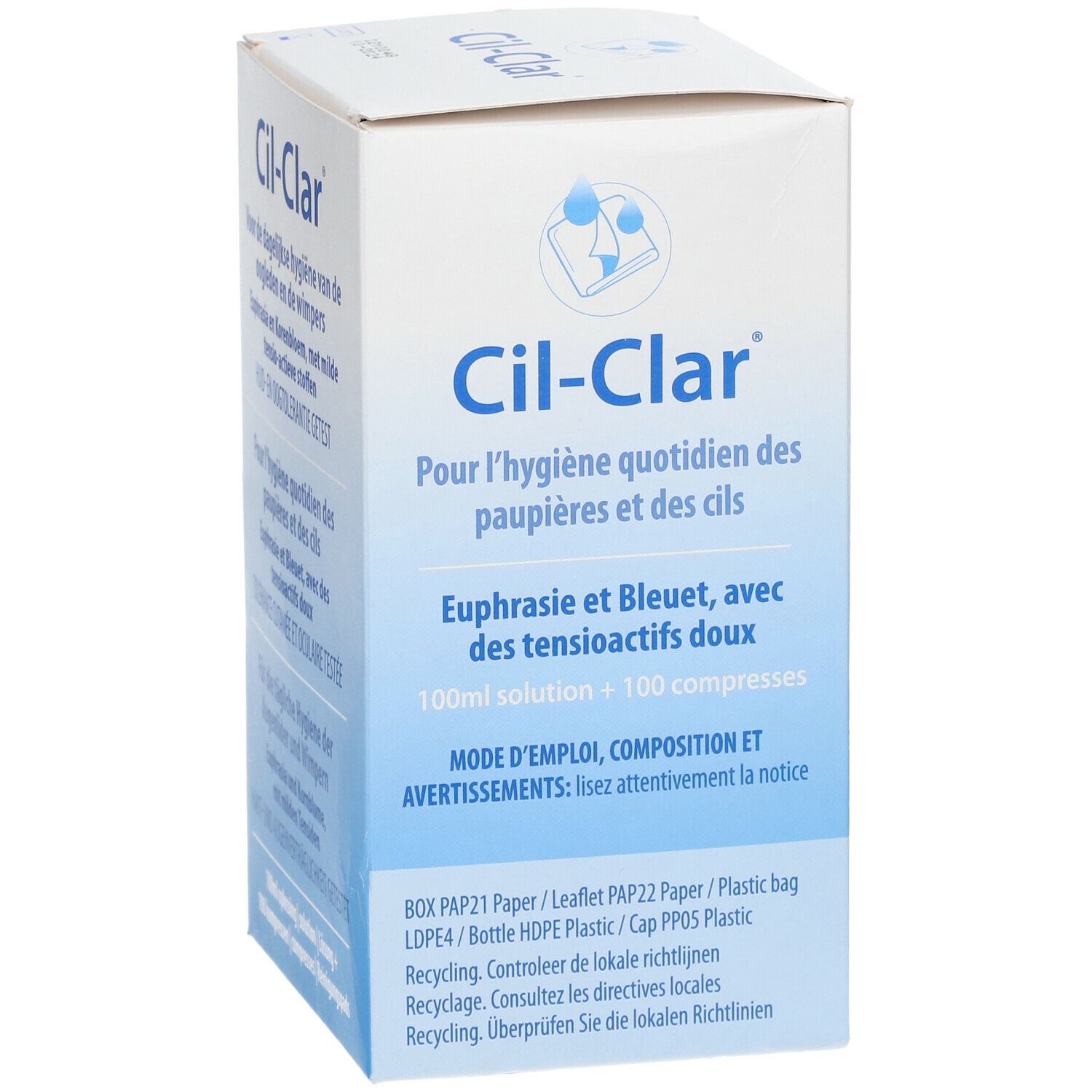 Boîte blanche Cil-Clar avec texte en français. Contient 100 ml de solution et 100 compresses.
