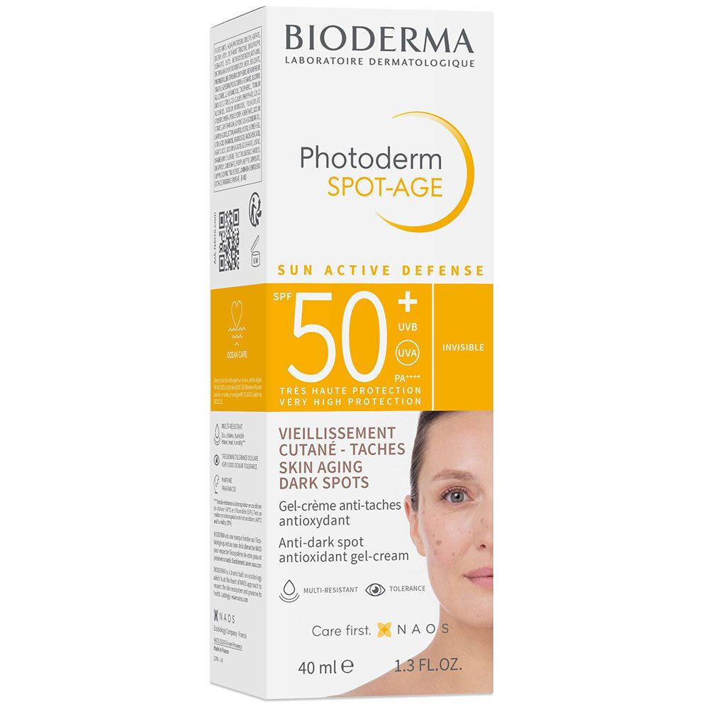 BIODERMA Photoderm Spot-Age SPF50+ tube en verpakking. Gel-crème tegen huidveroudering en donkere vlekken. Vrouwelijk gezicht.