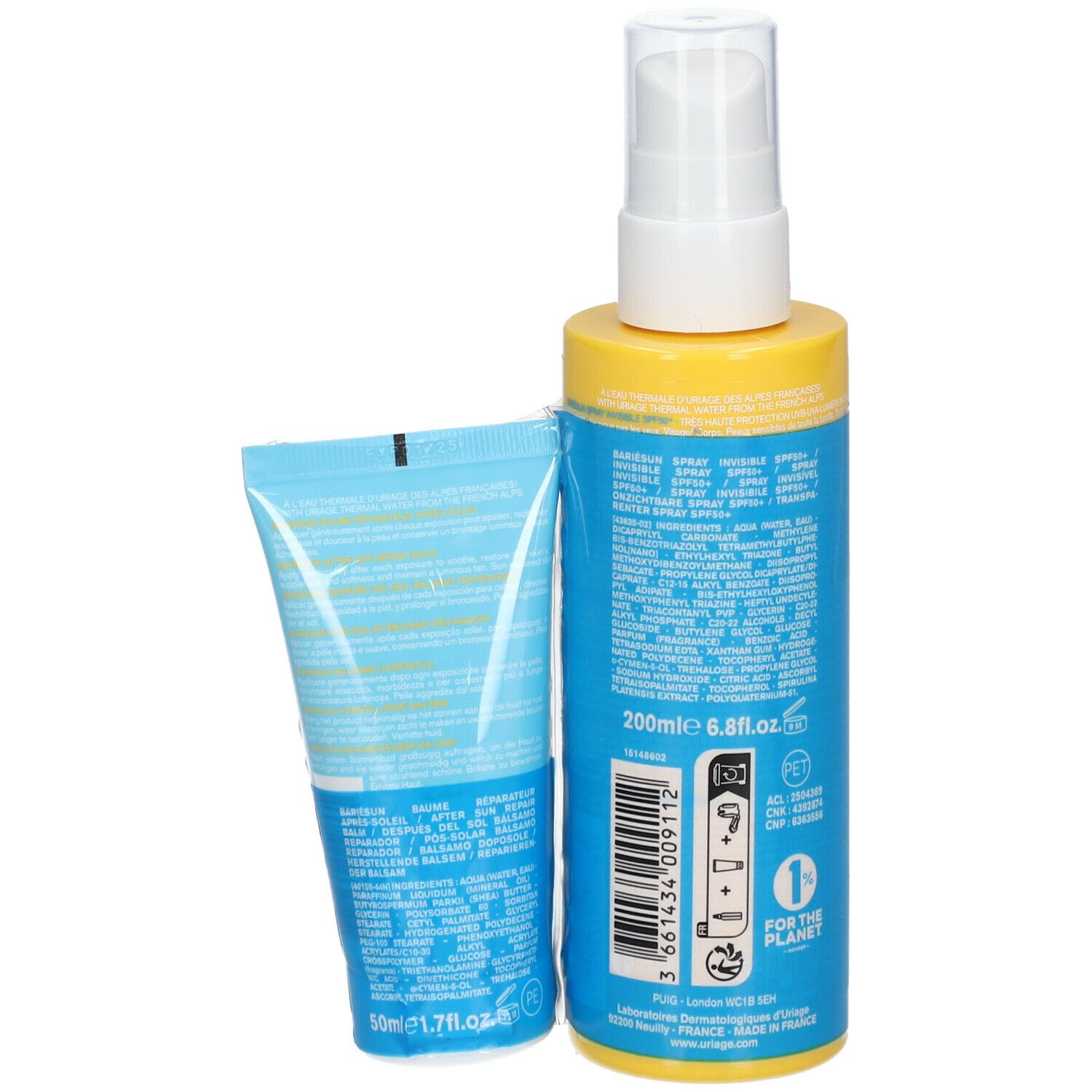 Gelbe Flasche und blaue Tube. Text auf Etiketten. Produktverpackung.