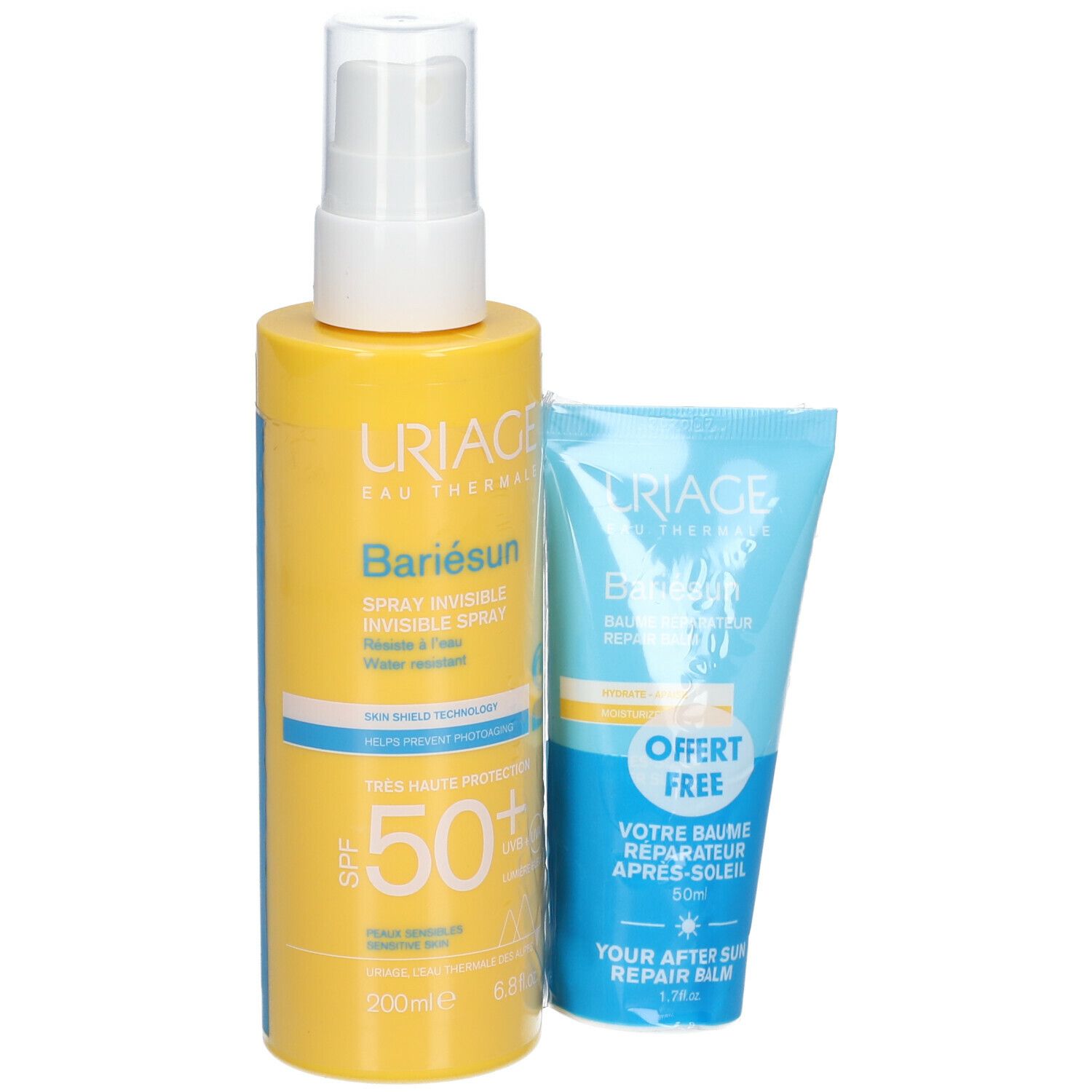 Gelbe Flasche mit Text und blaue Tube. Produktnamen und SPF 50 sichtbar. Produktverpackung.