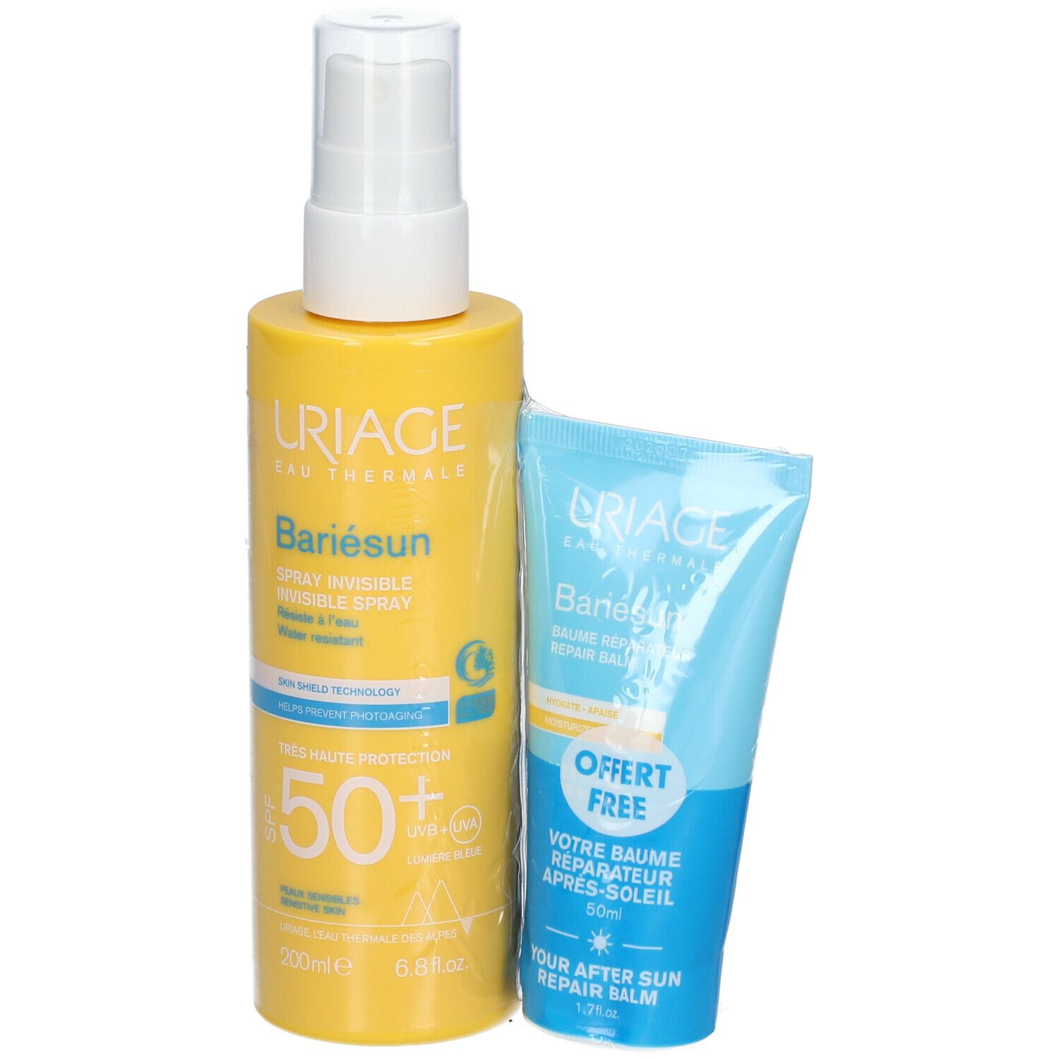 Gelbe Flasche und blaue Tube. Produktnamen und SPF 50 sichtbar. Produktverpackung.