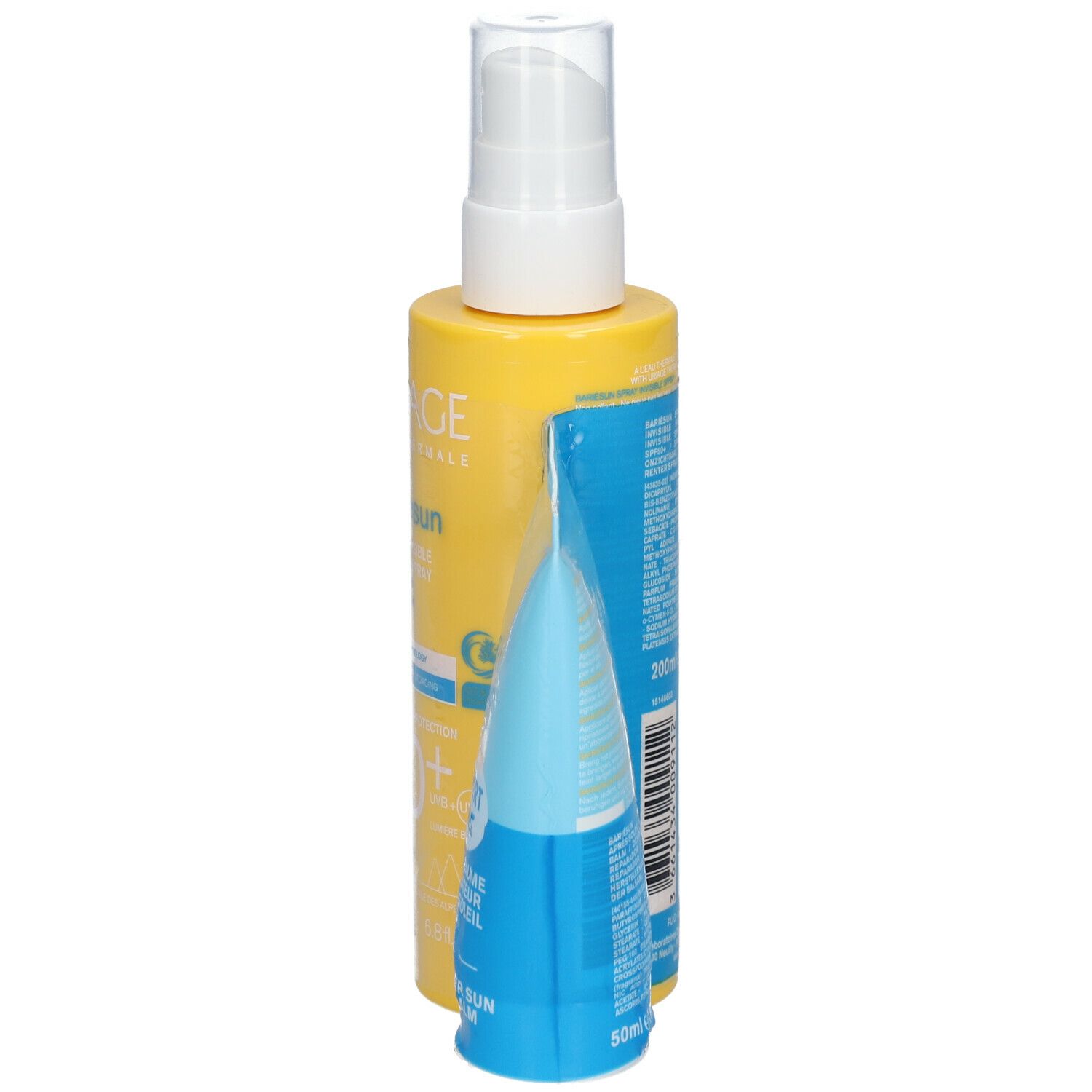 Gelbe Flasche und blaue Tube. Produktverpackung.