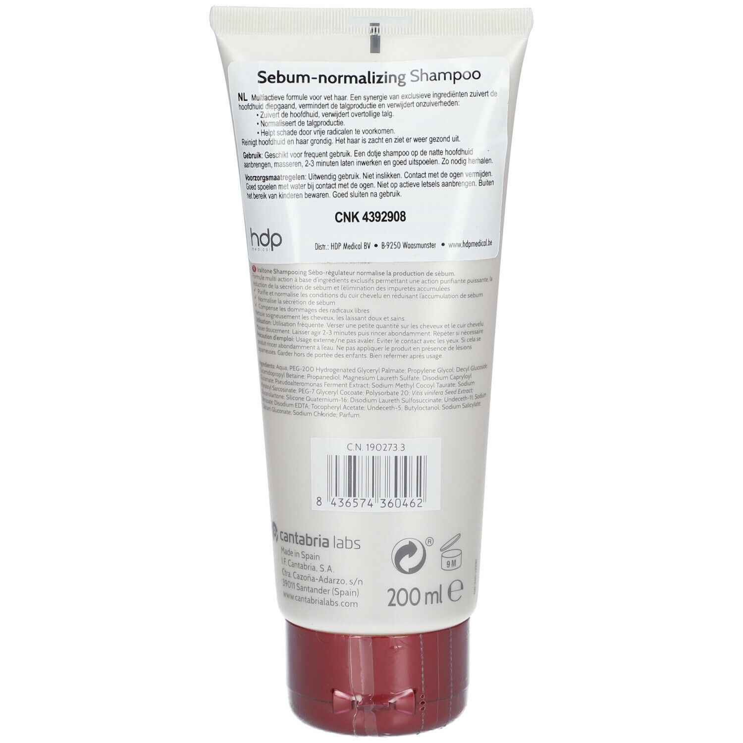 Rückseite der Tube. Text in mehreren Sprachen. Barcode. Logo. Roter Verschluss. Volumenangabe.