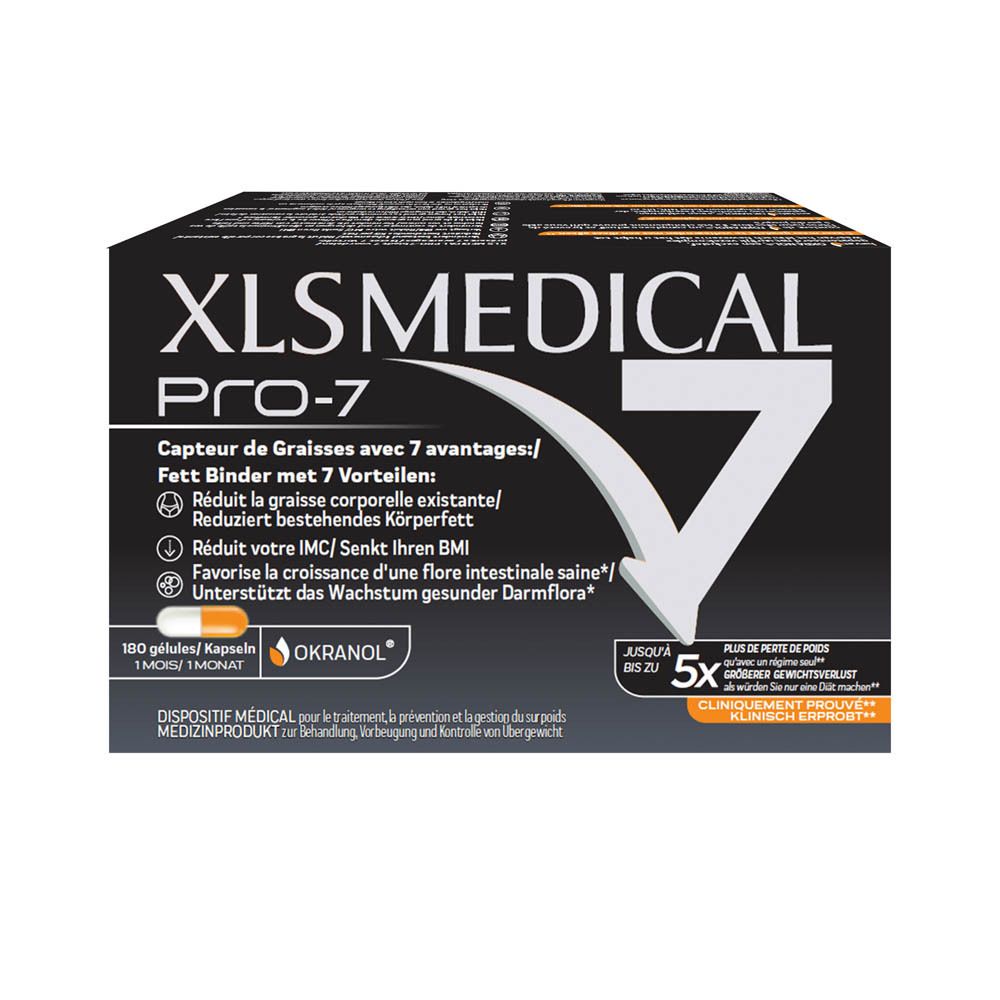 Boîte noire XL-S MEDICAL PRO-7. Contient 180 gélules. Texte et flèche orange et blanc.