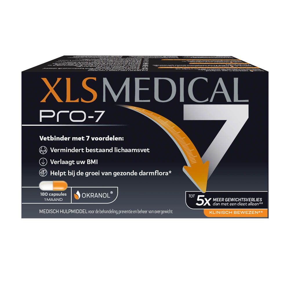 Zwarte doos XL-S MEDICAL PRO-7. Bevat 180 capsules. Tekst en pijl in oranje en wit.