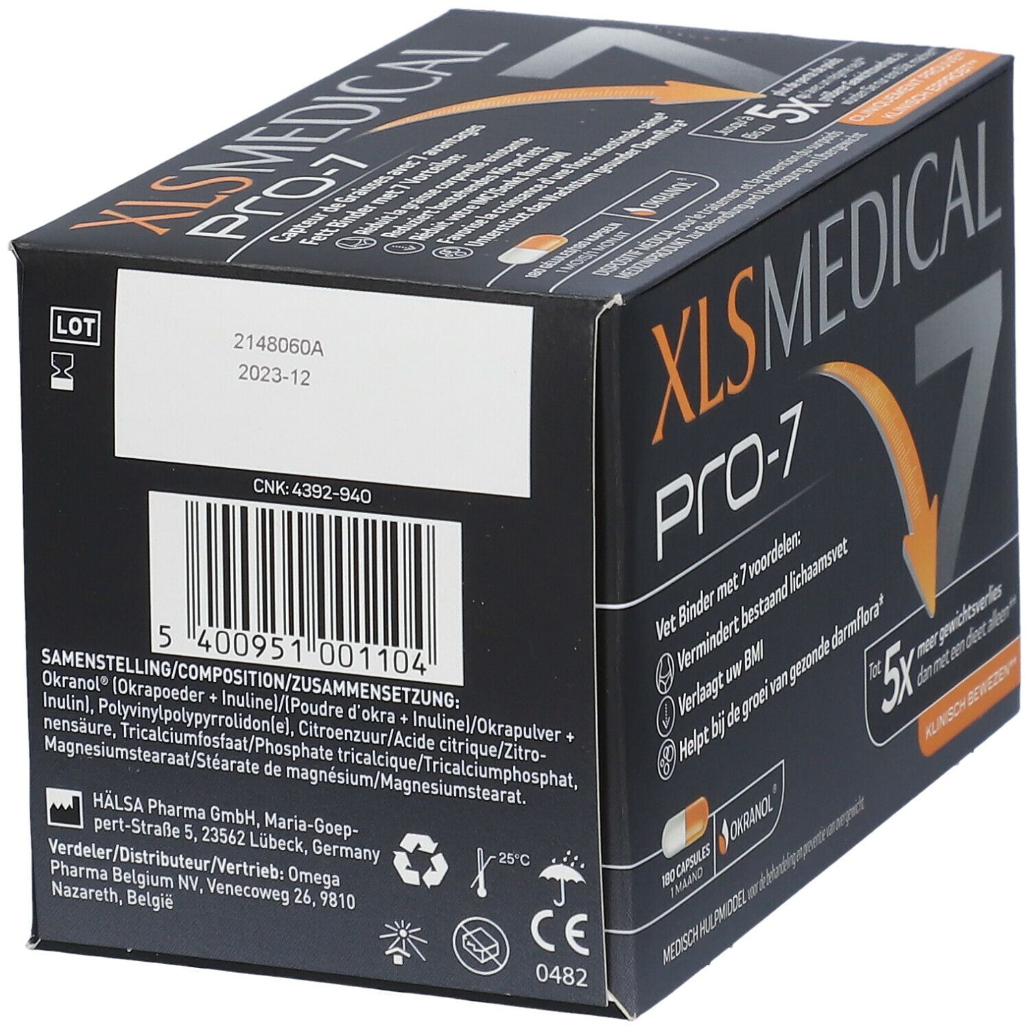 Achterkant zwarte doos XL-S MEDICAL PRO-7. Barcode, tekst en logo's in wit.