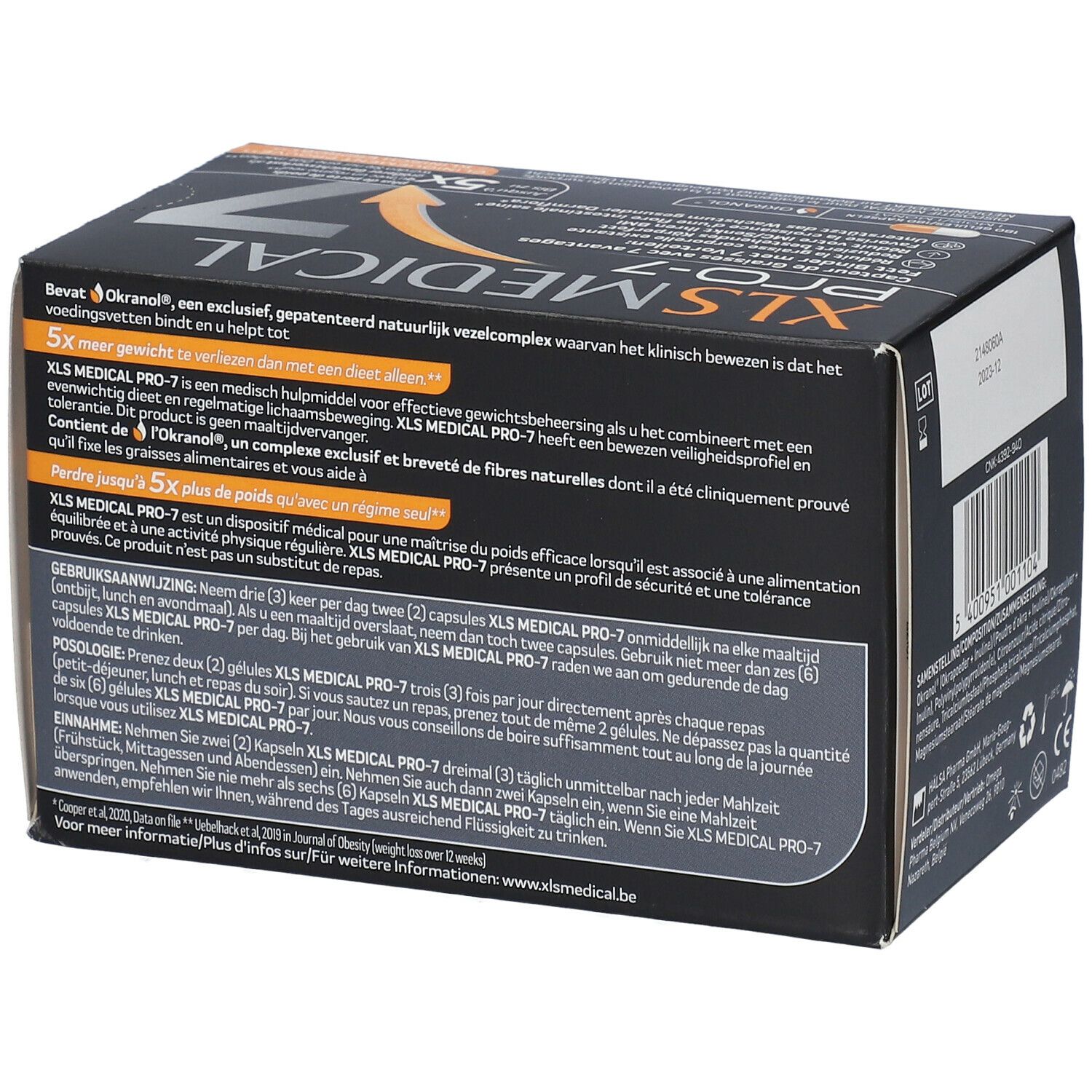 Zwarte doos XL-S MEDICAL PRO-7. Tekst in verschillende talen. Bevat 180 capsules.