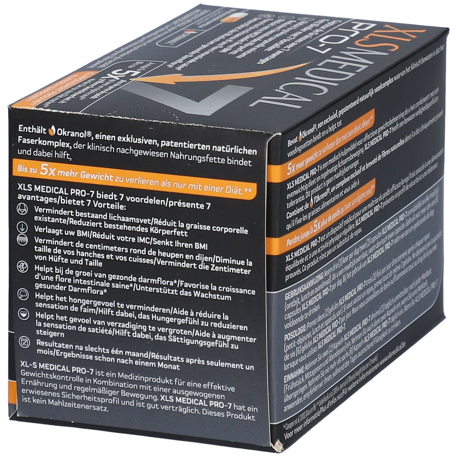 Zwarte doos XL-S MEDICAL PRO-7. Tekst in verschillende talen. Bevat 180 capsules.