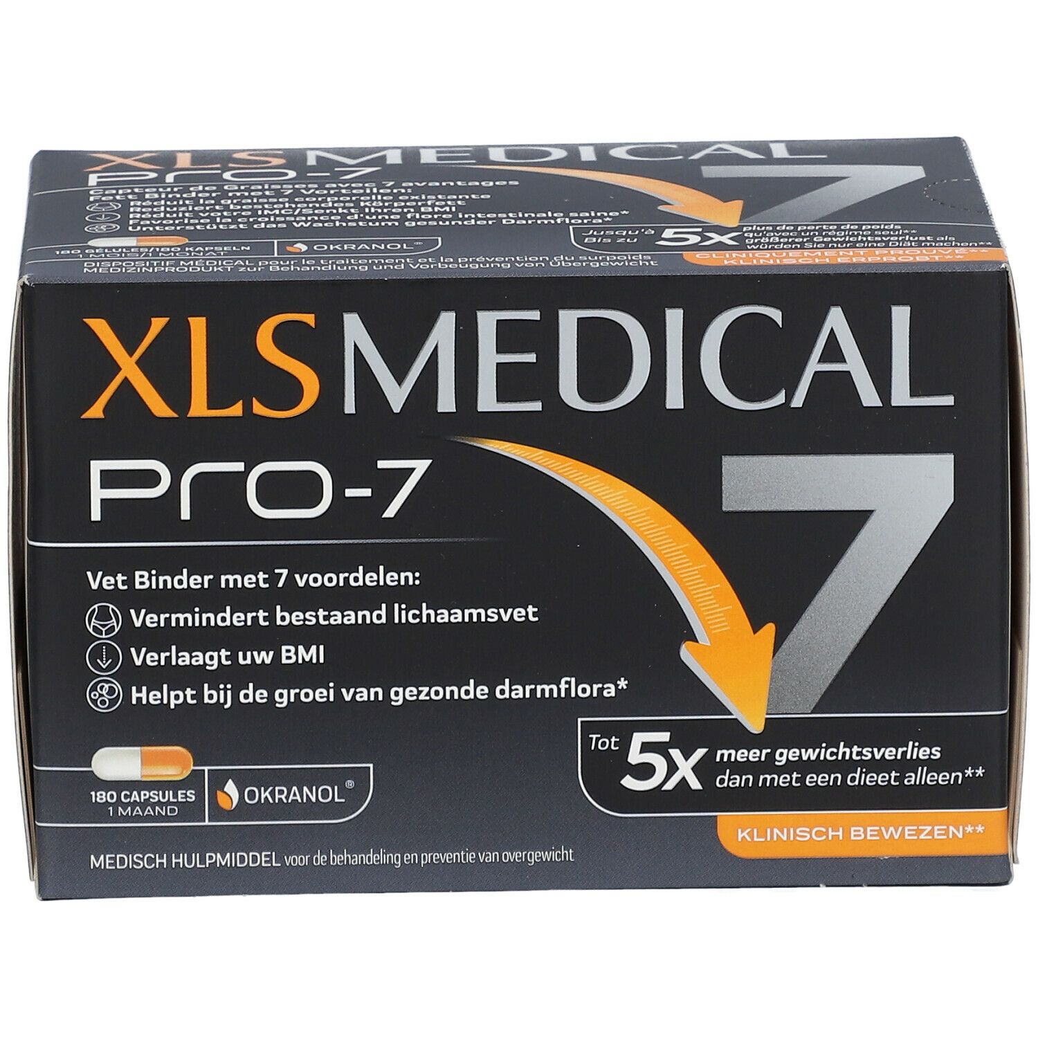 Zwarte doos XL-S MEDICAL PRO-7. Bevat 180 capsules. Tekst en pijl in oranje en wit.