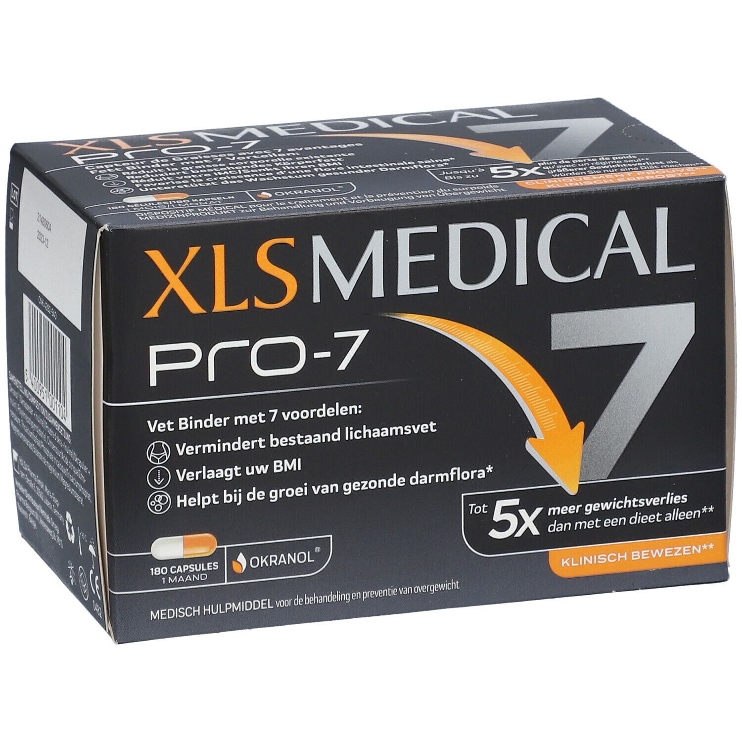 Zwarte doos XL-S MEDICAL PRO-7. Bevat 180 capsules. Tekst en pijl in oranje en wit.