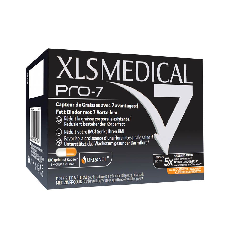Zwarte doos XL-S MEDICAL PRO-7. Bevat 180 capsules. Tekst en pijl in oranje en wit.