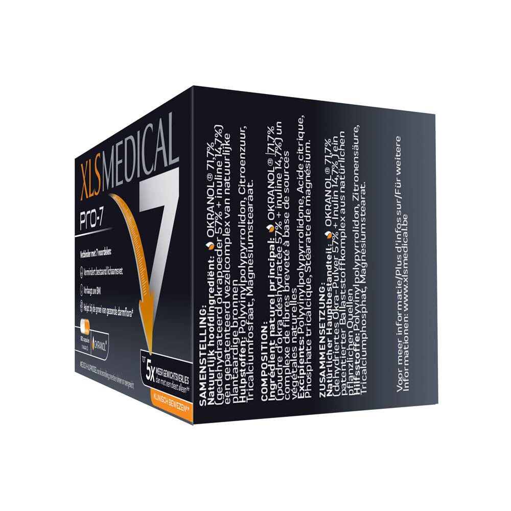 Zwarte doos XL-S MEDICAL PRO-7. Tekst in verschillende talen. Bevat 180 capsules.