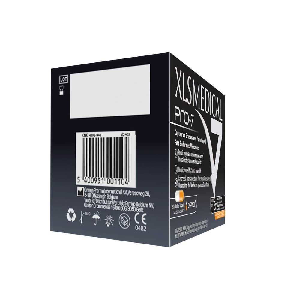 Dos de la boîte noire XL-S MEDICAL PRO-7. Code-barres, texte et logos blancs.