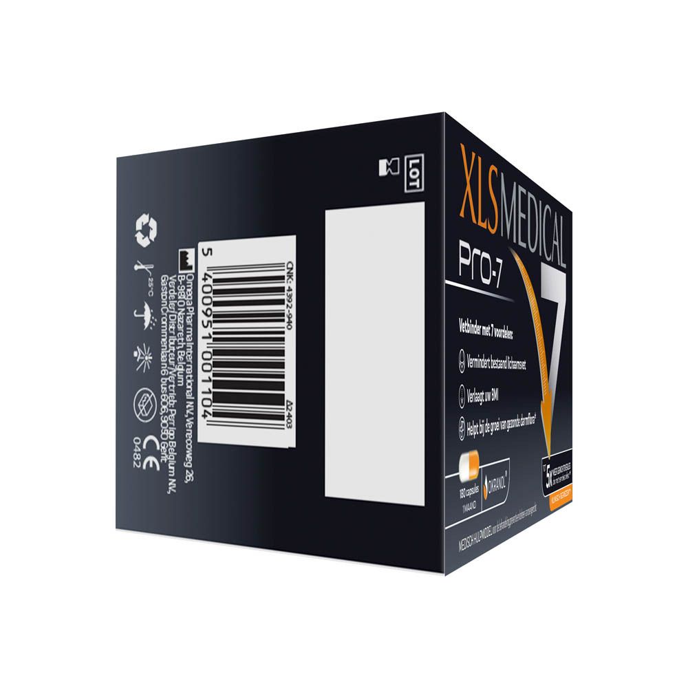 Achterkant zwarte doos XL-S MEDICAL PRO-7. Barcode, tekst en logo's in wit.