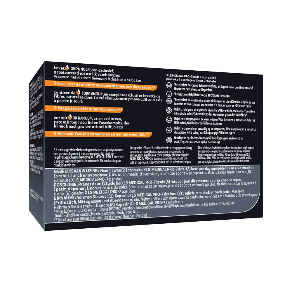 Zwarte doos XL-S MEDICAL PRO-7. Bevat 180 capsules. Tekst en pijl in oranje en wit.