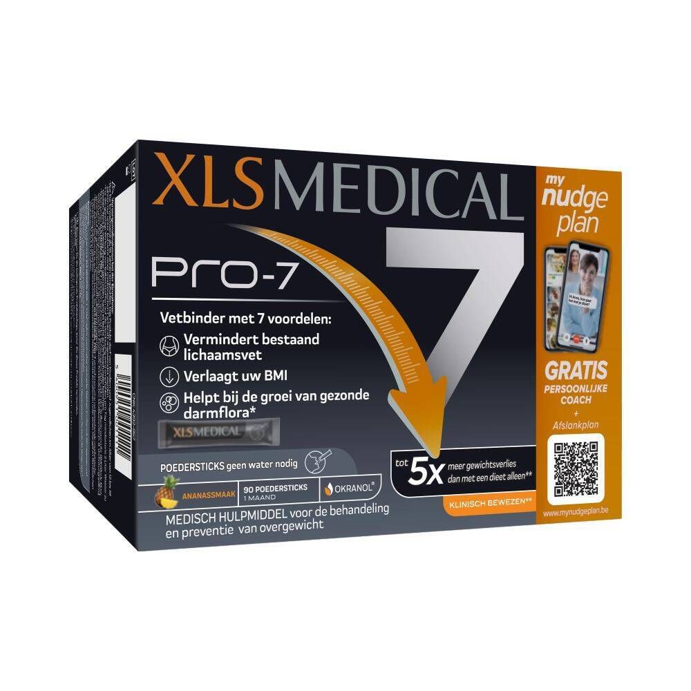 Boîte XL-S Medical Pro-7. Boîte noire avec nom et avantages du produit. Contient 90 sticks de poudre.