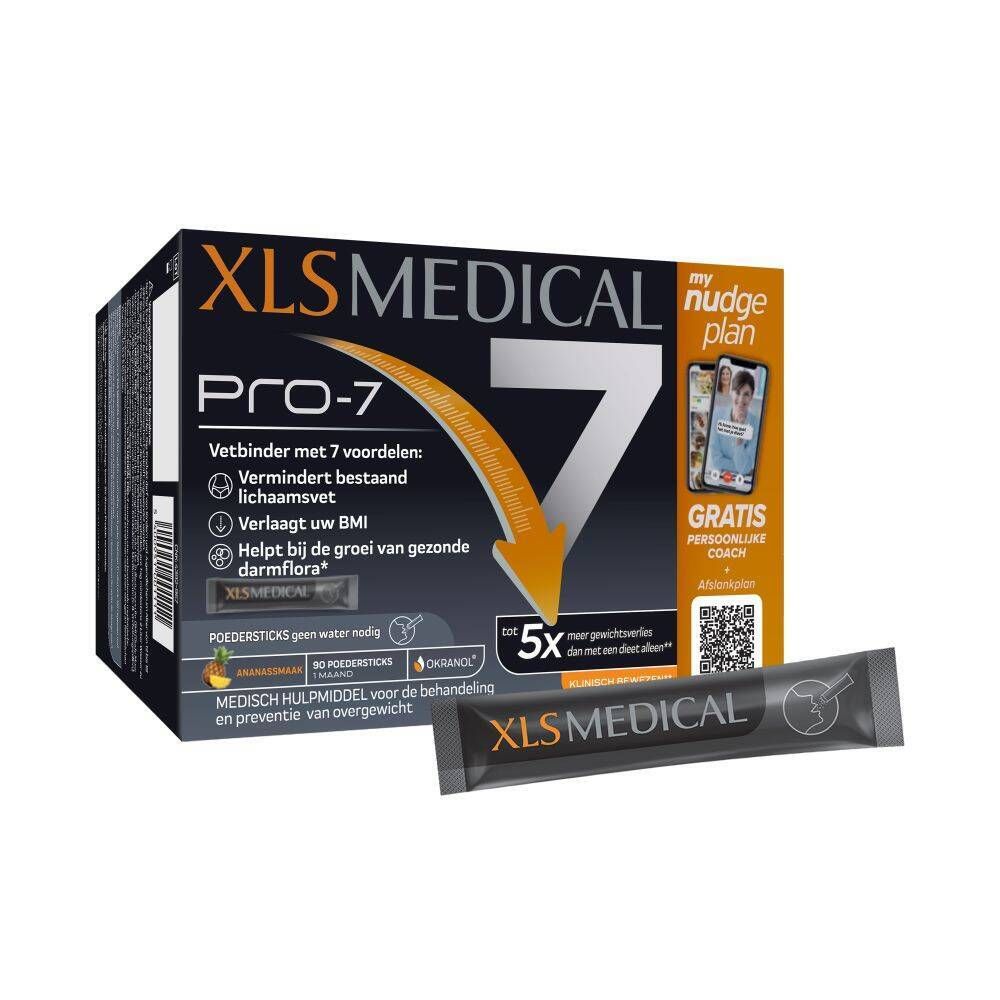 Boîte XL-S Medical Pro-7 et un stick de poudre. Boîte noire avec nom et avantages. Stick en sachet.