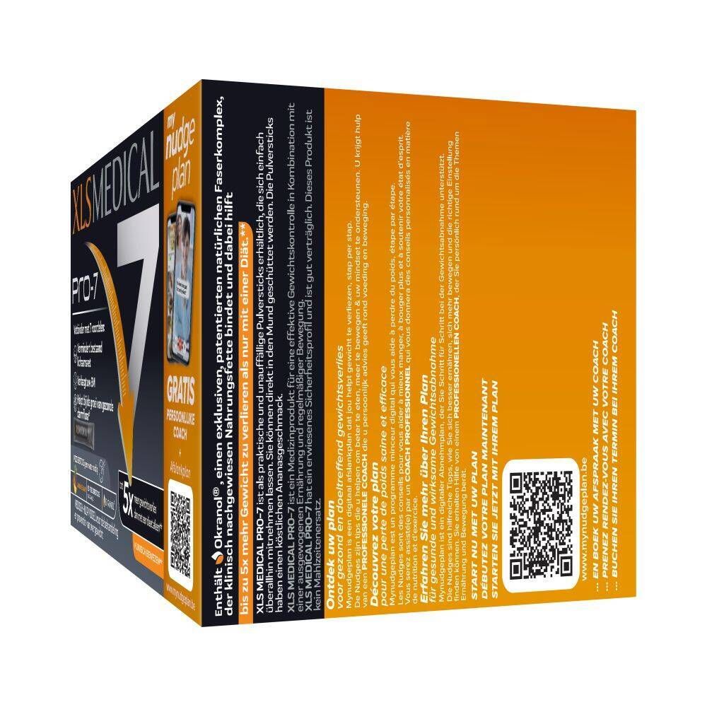 Vue latérale de la boîte XL-S Medical Pro-7. Boîte noire avec informations produit et code QR pour coach.