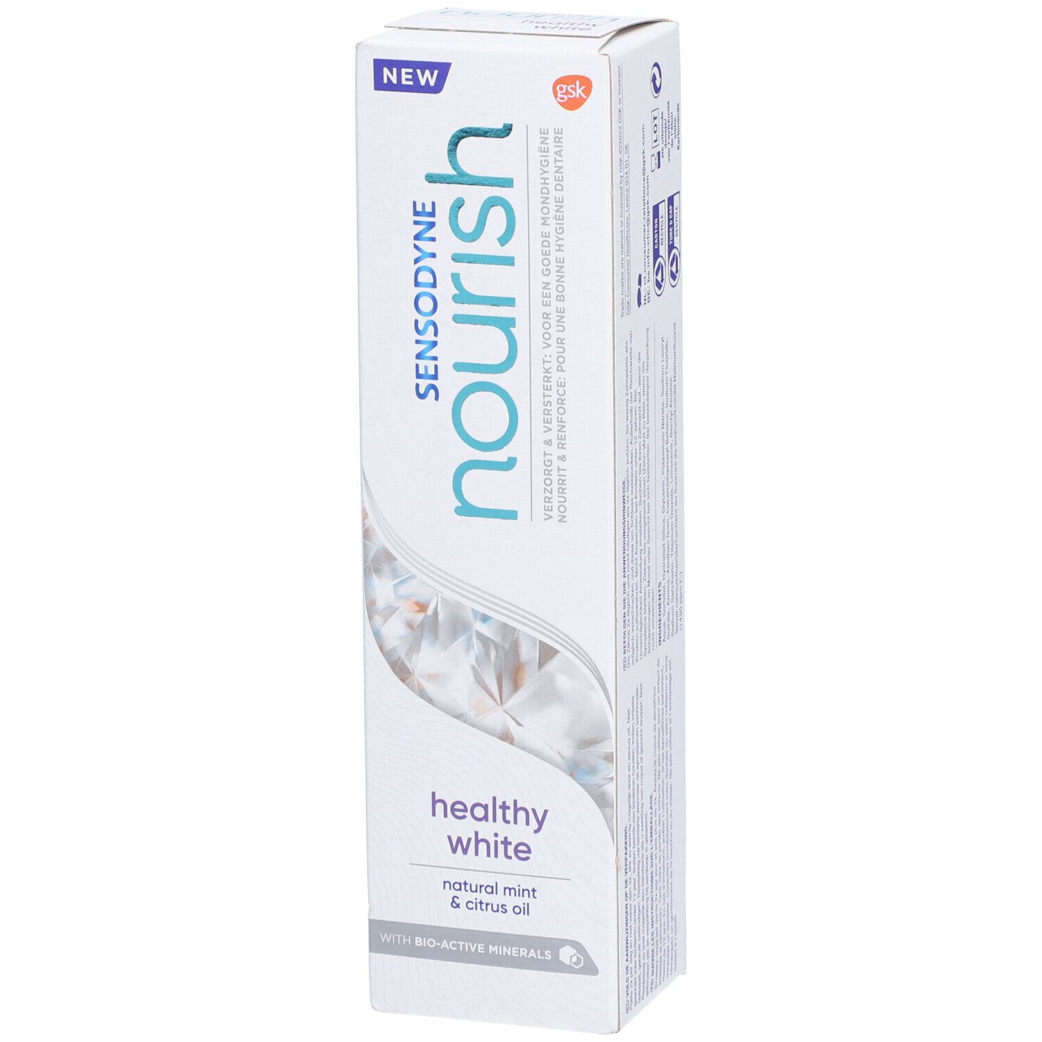 Emballage de dentifrice Sensodyne Nourish Healthy White. Boîte blanche avec texte bleu et vert. Logos "NEW" et "gsK".