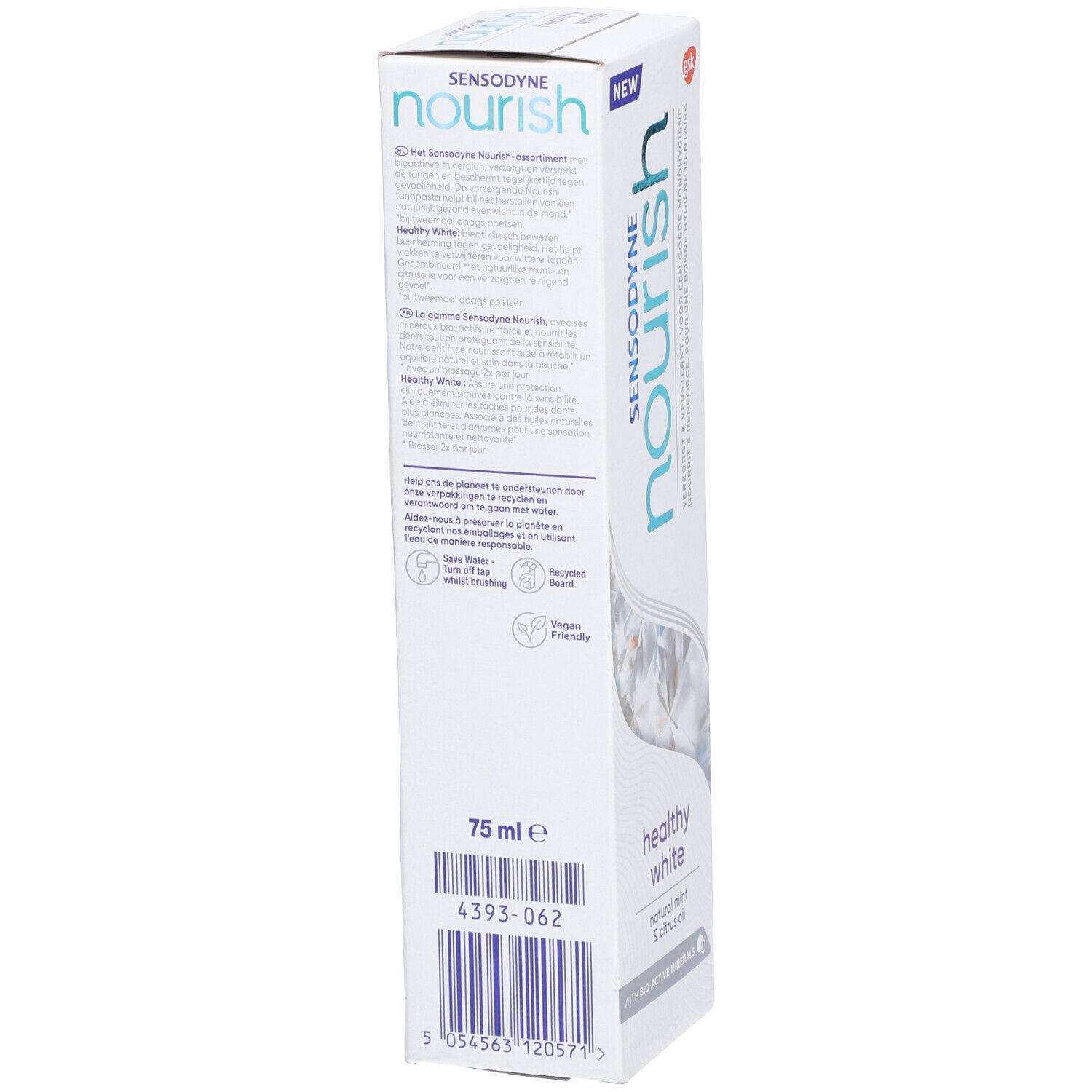 Dos de l'emballage du dentifrice Sensodyne Nourish Healthy White. Contient du texte multilingue, un code-barres et 75 ml.