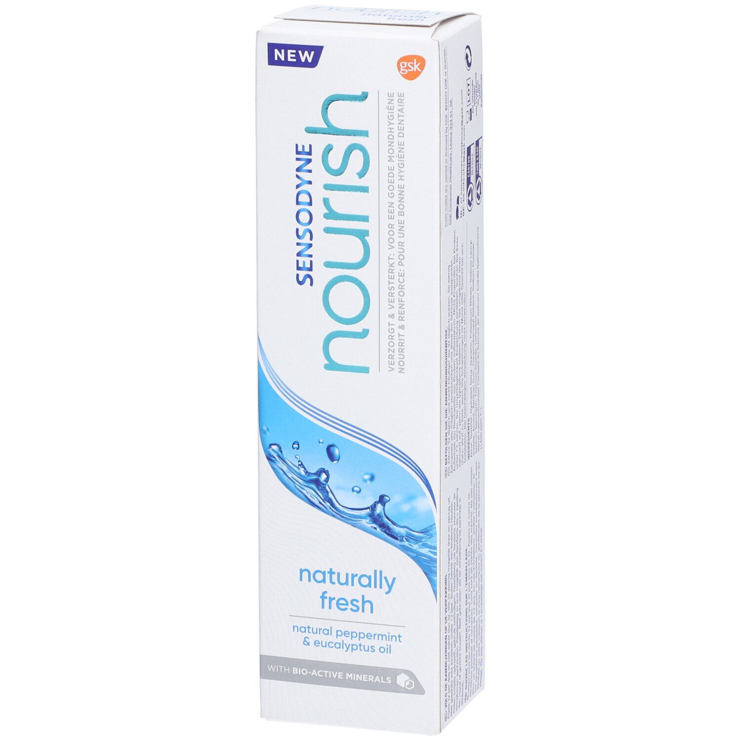 Emballage de dentifrice blanc. Motif vagues bleues. Texte: Sensodyne Nourish, Naturally Fresh, Bio-Active Minerals.