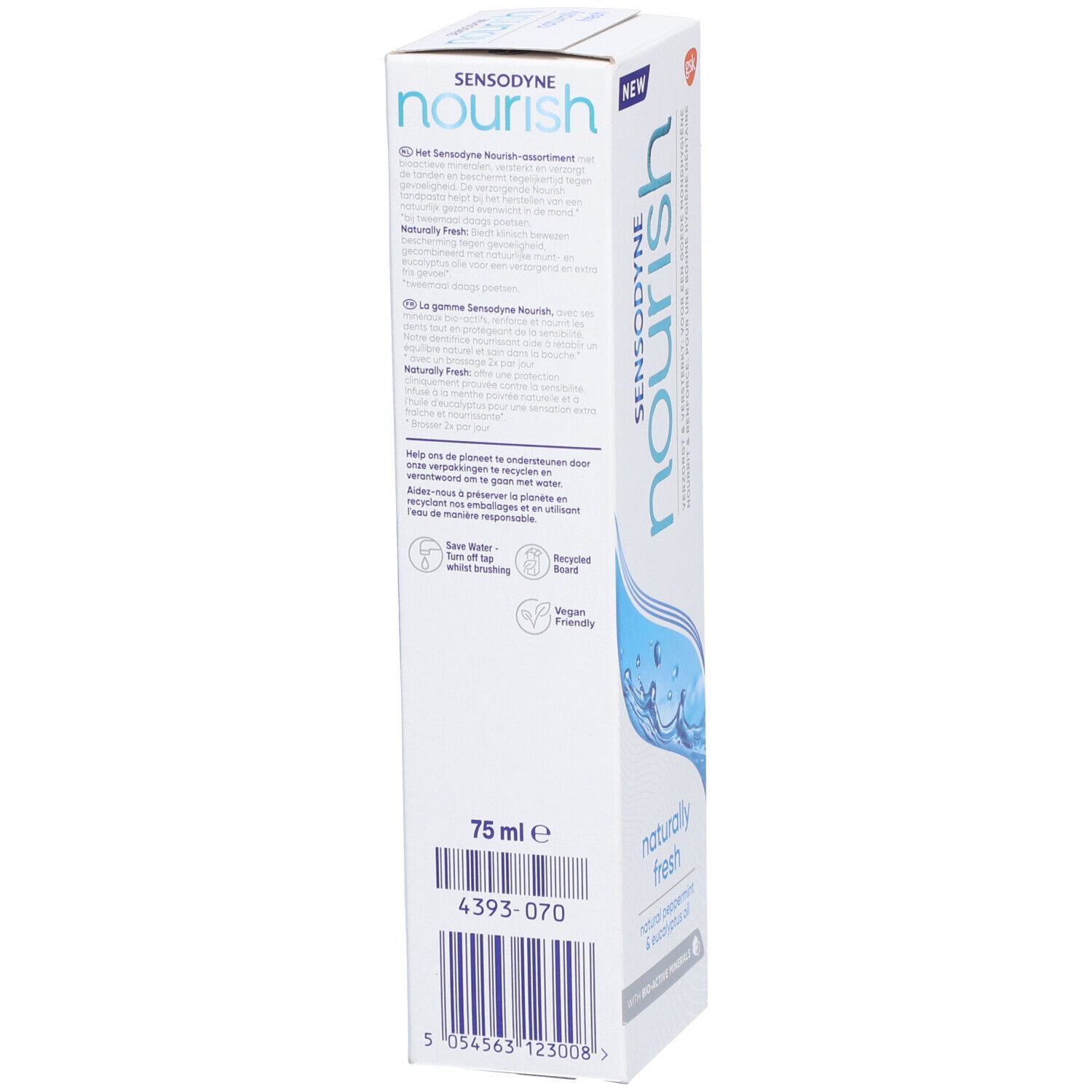 Dos de l'emballage de dentifrice. Blanc, texte et code-barres. Texte: 75 ml e, 4393-070, Vegan Friendly.