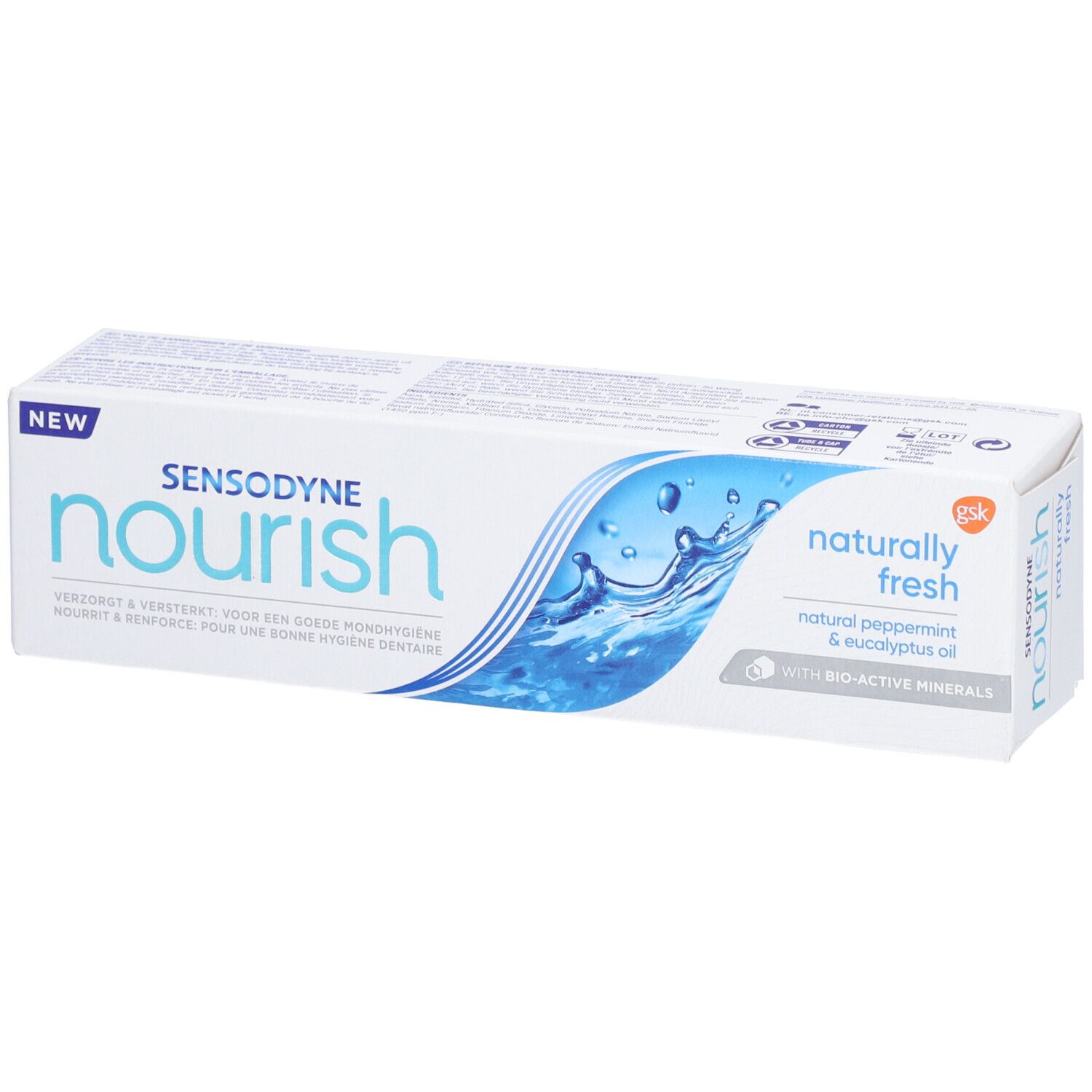 Emballage de dentifrice blanc. Motif vagues bleues. Texte: Sensodyne Nourish, Naturally Fresh, Bio-Active Minerals.