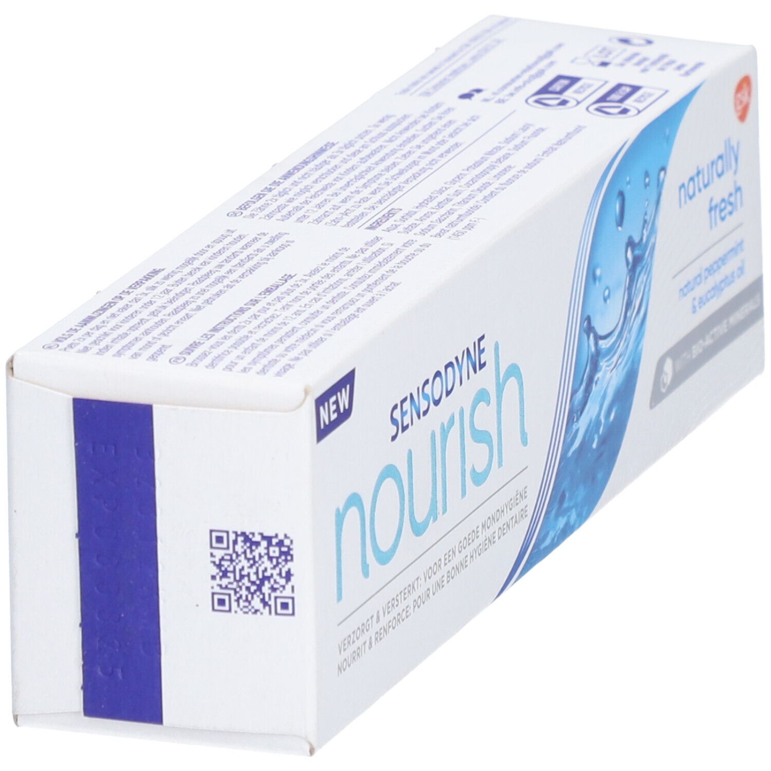 Emballage de dentifrice blanc. Motif vagues bleues. Texte: Sensodyne Nourish, Naturally Fresh, Bio-Active Minerals.