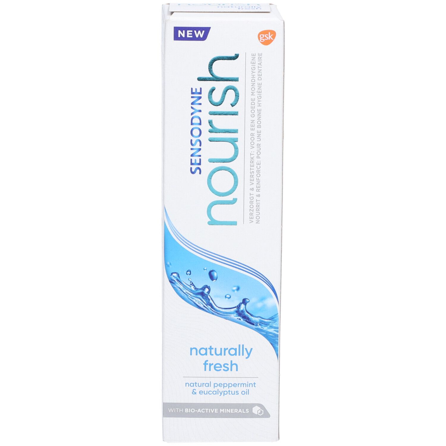 Emballage de dentifrice blanc. Motif vagues bleues. Texte: Sensodyne Nourish, Naturally Fresh, Bio-Active Minerals.