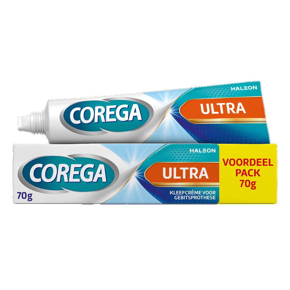 Corega Ultra crème en verpakking. Tube en doos met productnaam en logo.