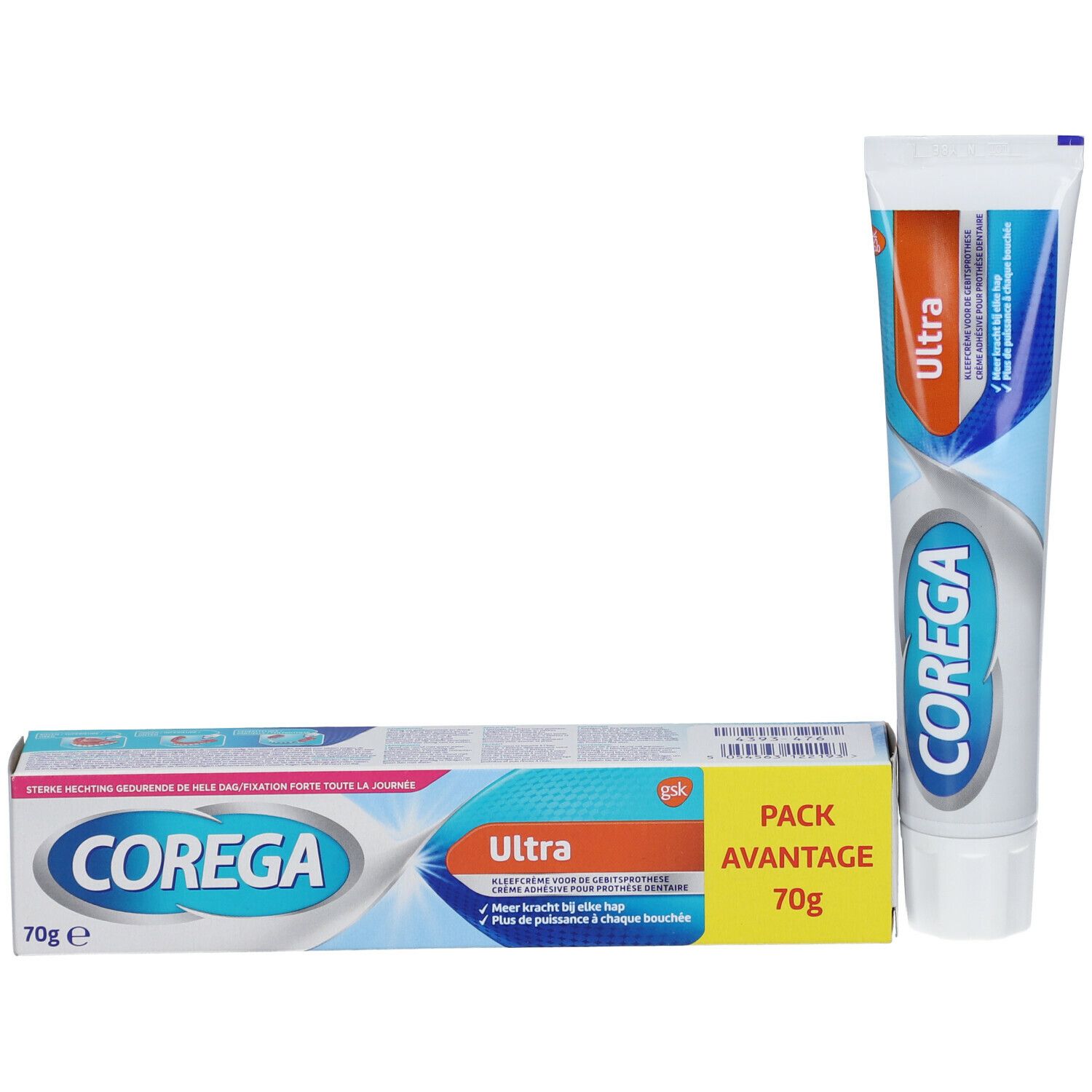 Corega Ultra crème en verpakking. Tube en doos met productnaam en logo.