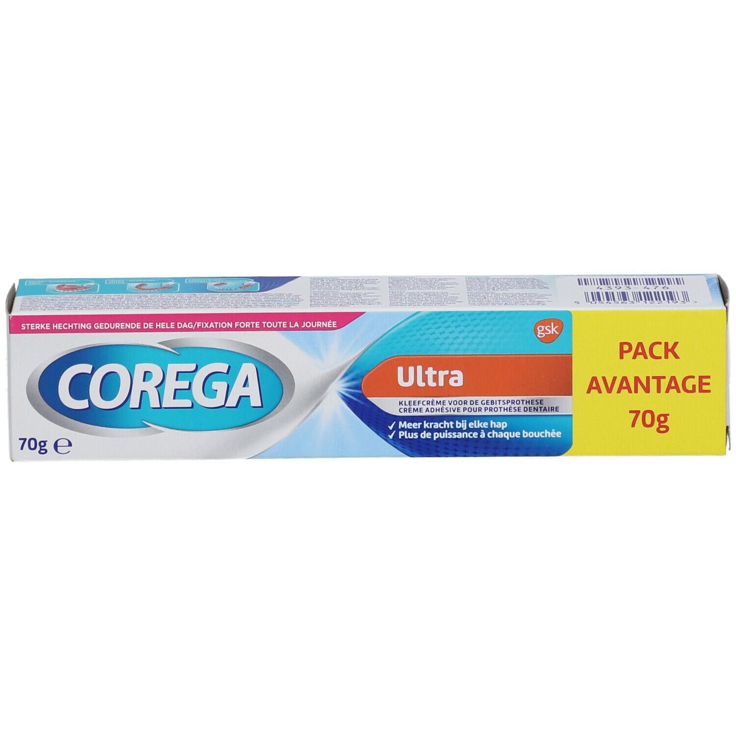 Corega Ultra crème verpakking. Doos met productnaam, logo en tekst.