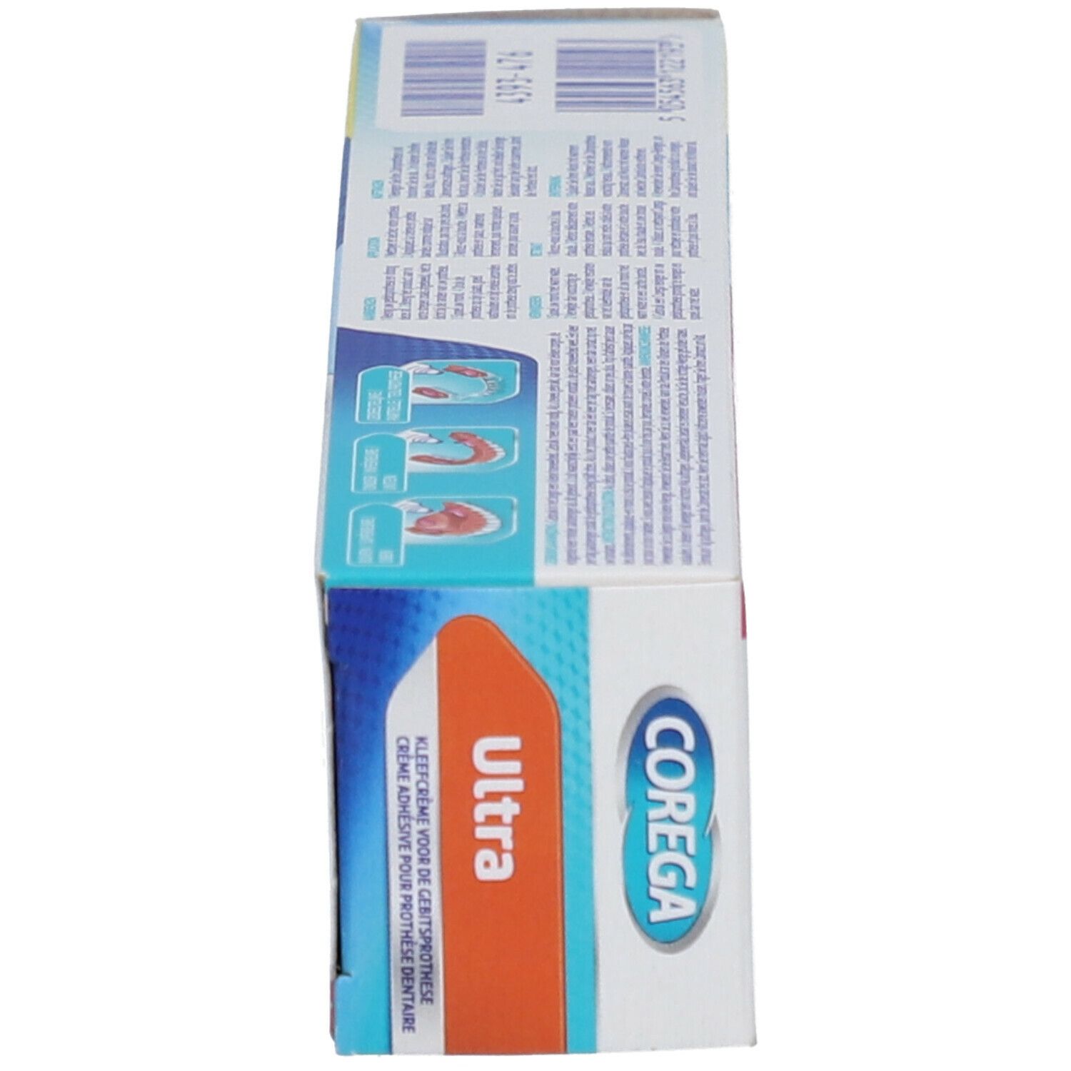 Corega Ultra crème verpakking. Zijaanzicht van de doos met productinformatie.