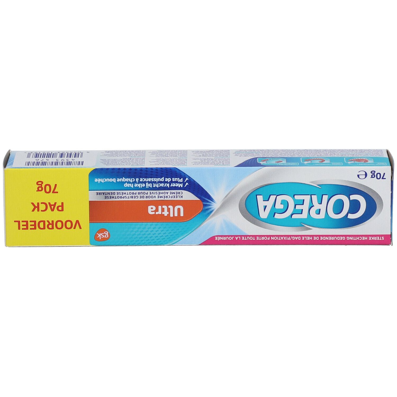 Corega Ultra crème verpakking. Doos met productnaam, logo en tekst.