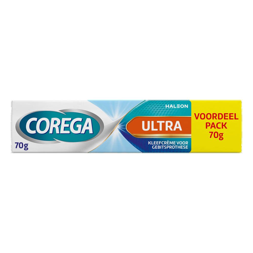 Corega Ultra crème verpakking. Doos met productnaam, logo en tekst.