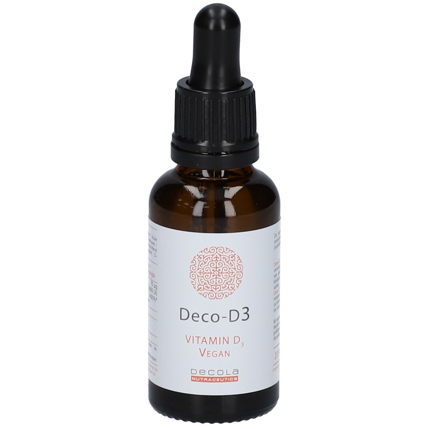 Bruine glazen fles met zwarte dop en pipet. Etiket met "Deco-D3", "Vitamin D3, Vegan". 