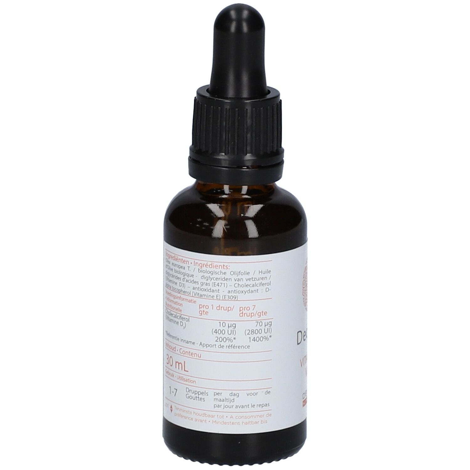 Bruine glazen fles met zwarte dop en pipet. Etiket met ingrediënten en dosering. 30 ml.
