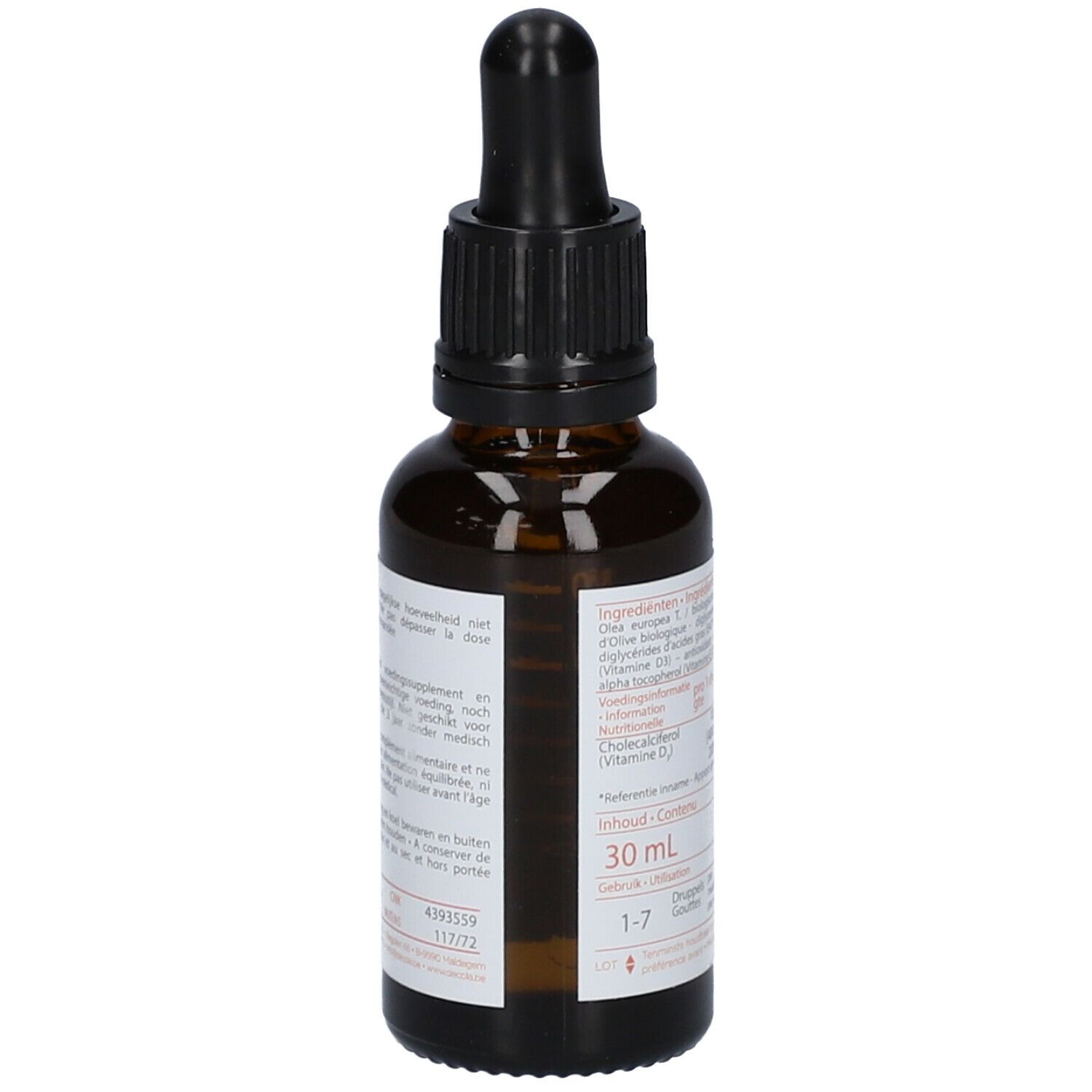 Bruine glazen fles met zwarte dop en pipet. Etiket met ingrediënten en dosering. 30 ml.