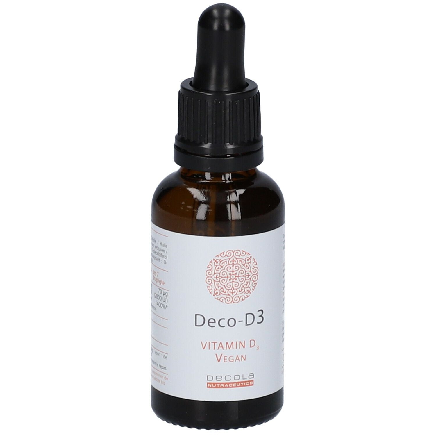 Bruine glazen fles met zwarte dop en pipet. Etiket met "Deco-D3", "Vitamin D3, Vegan". 